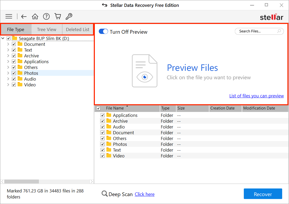 Stellar File Selection Menu with an outline around the Preview Section and the Views Section