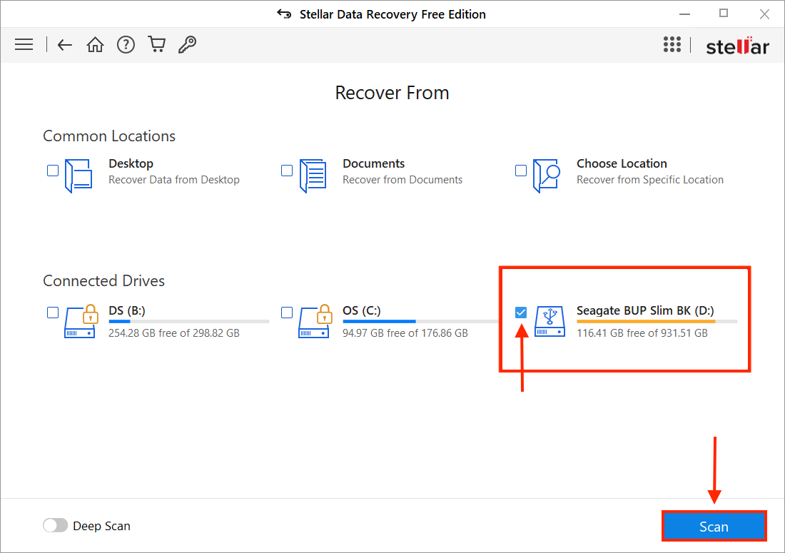 Stellar File Type Menu with a pointer towards the location containing the lost data