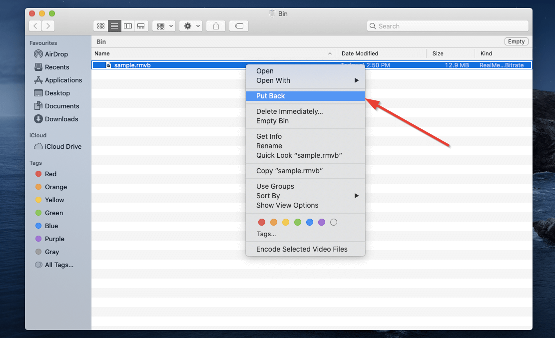 Using the Put Back option in macOS' trash.