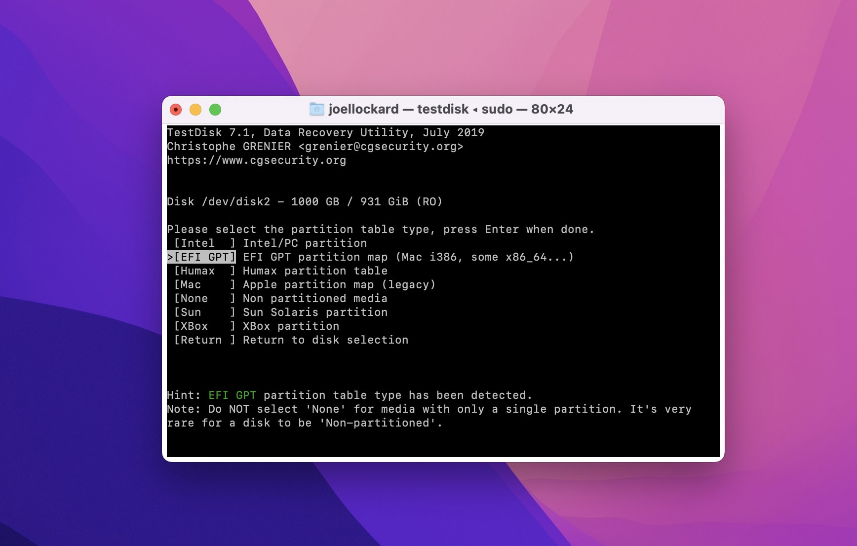 choosing storage device data type in testdisk