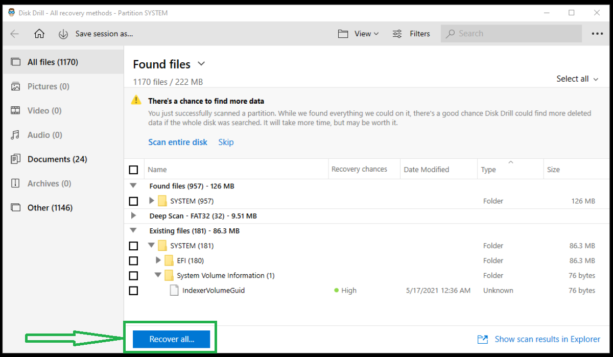 Screenshot showing Disk Drill Recover All Files option.