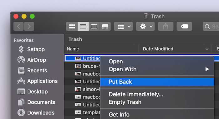 put back option on Mac