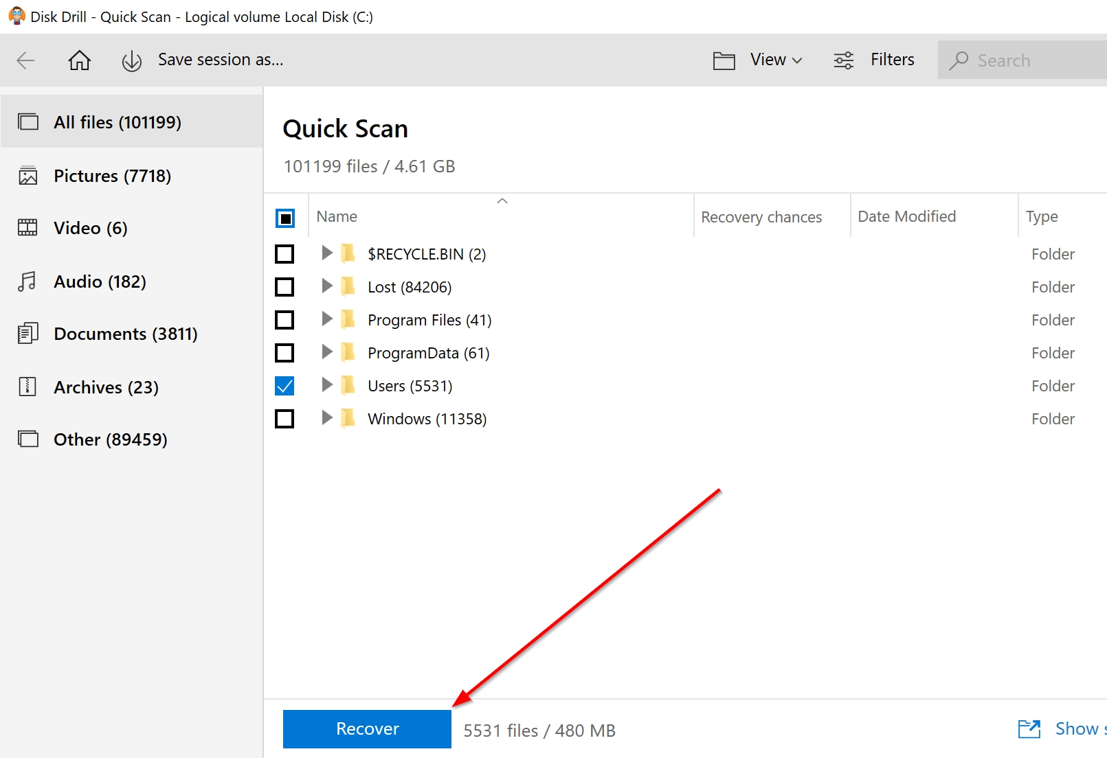 Recover data screen in Disk Drill.