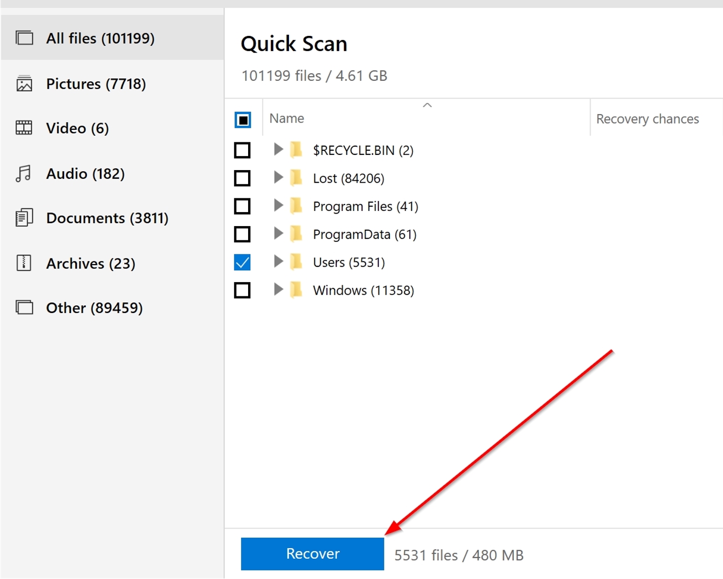 Post scan file recovery selection screen.