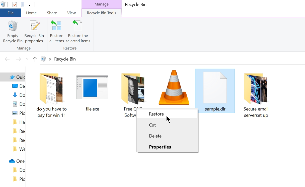 Restoring a file using the Recycle Bin.