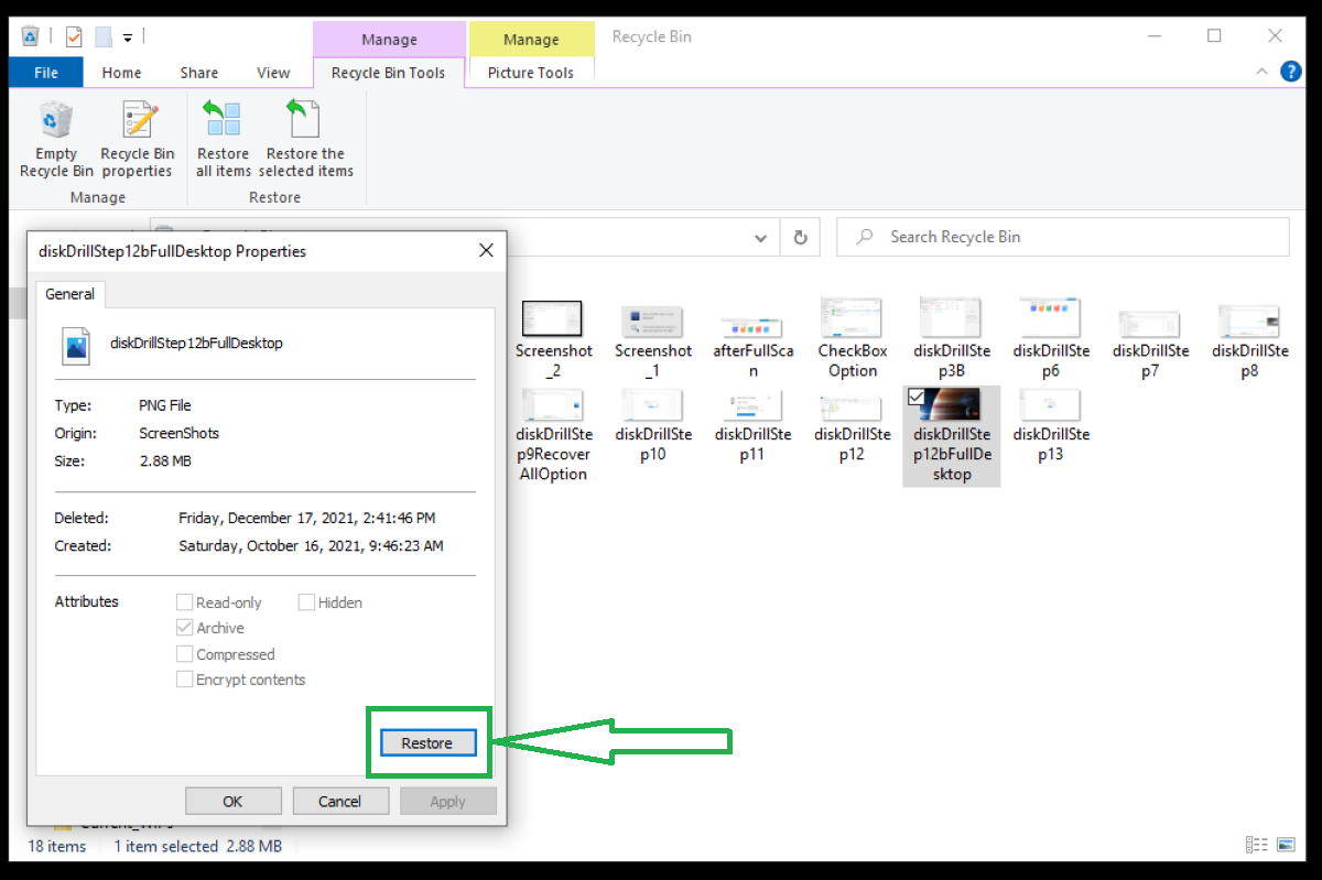Instructions for using double-click to recover files from Windows recycle bin.