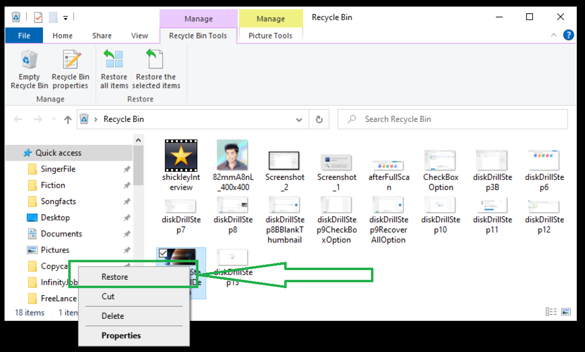 Directions for using right click to recover files from Windows recylce bin.