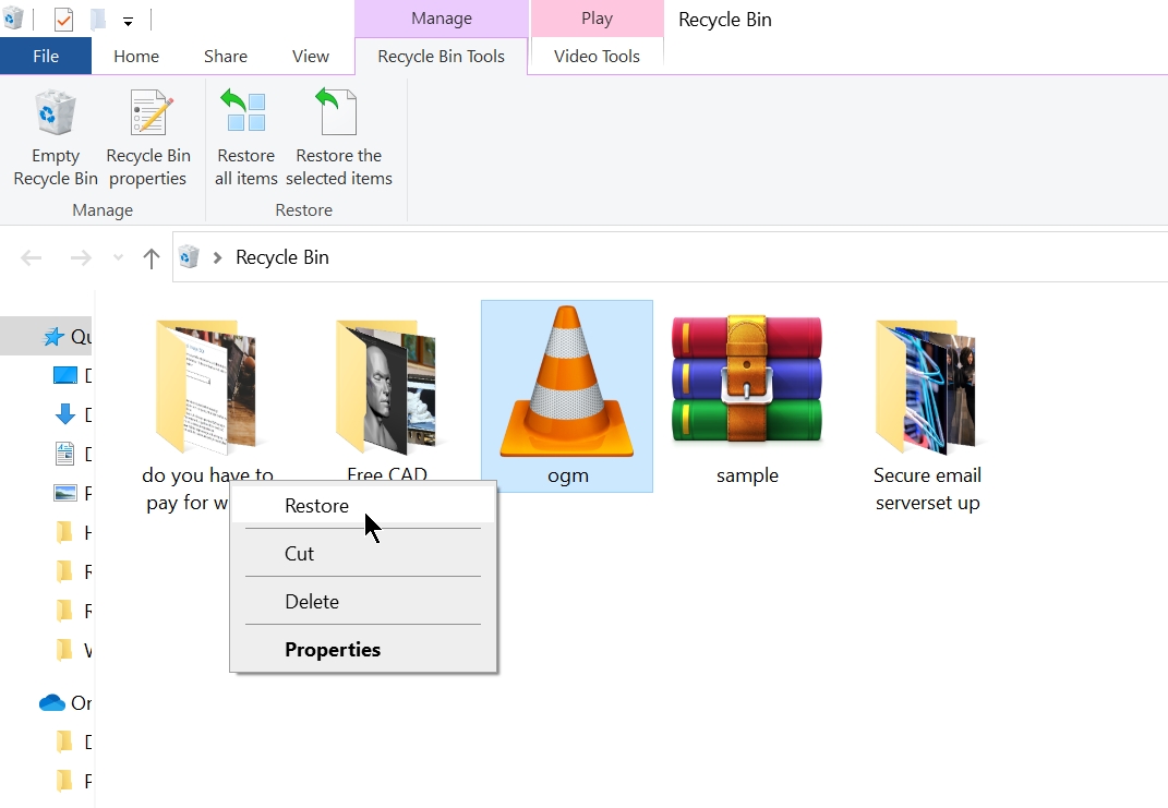 Restore OGM files using the Recycle Bin in Windows 10.