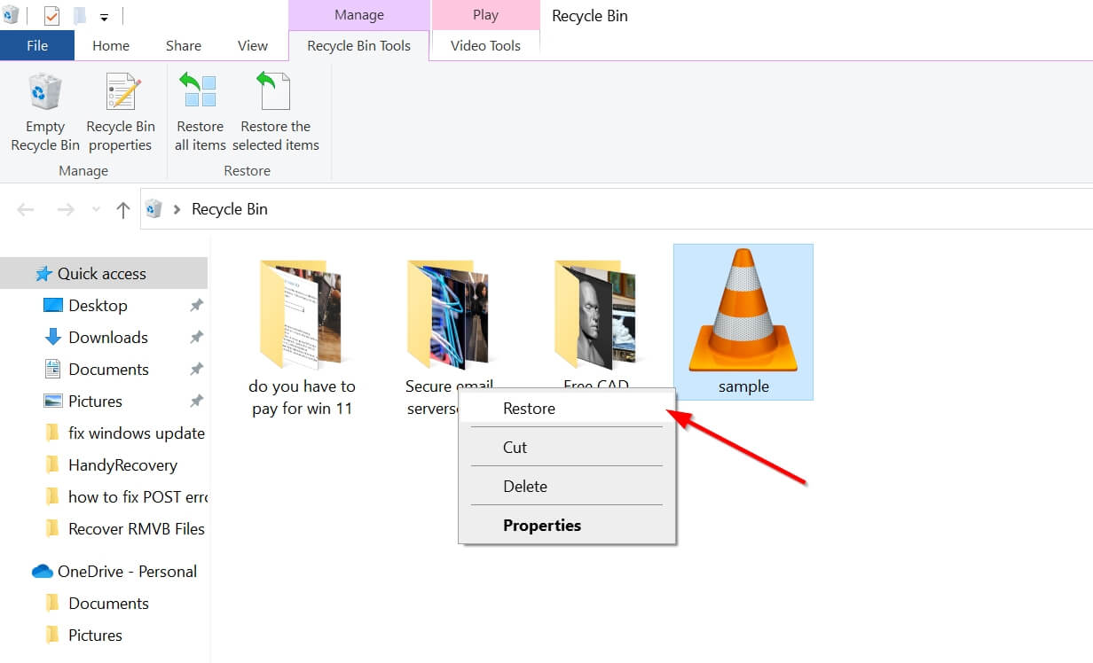 Restoring files using the Recycle Bin in Windows 10.