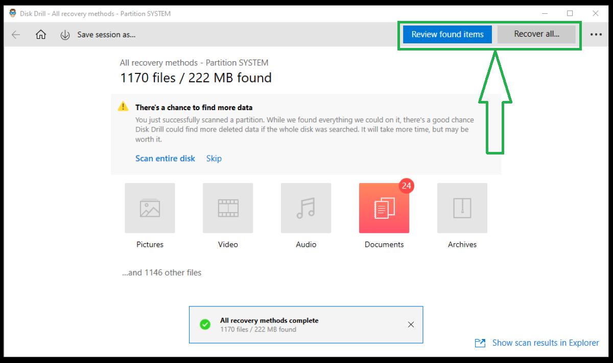 Instructions for recovering all files or reviewing found items in Disk Drill.