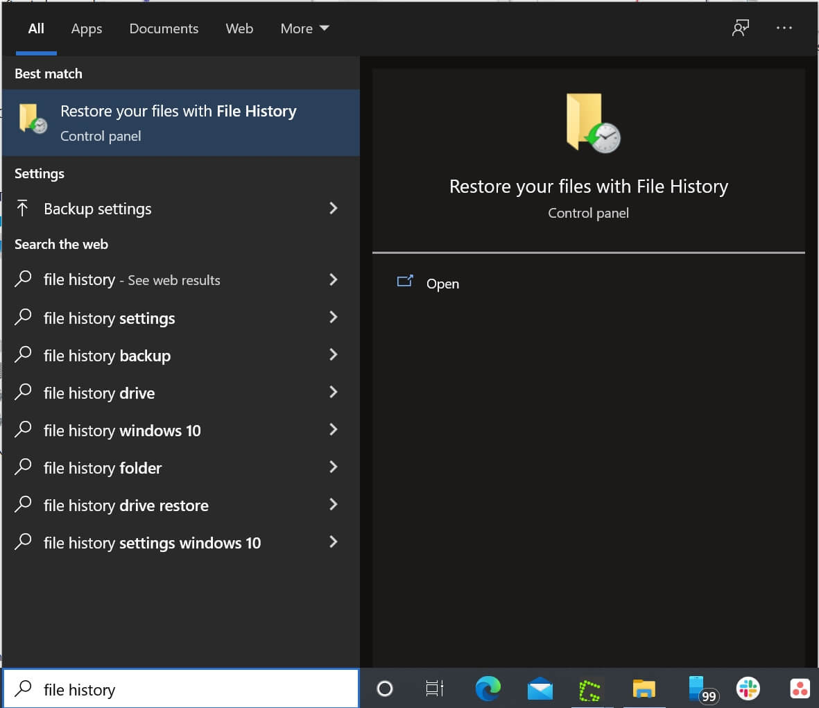 Search results after typing "file history" in the Start menu search bar.
