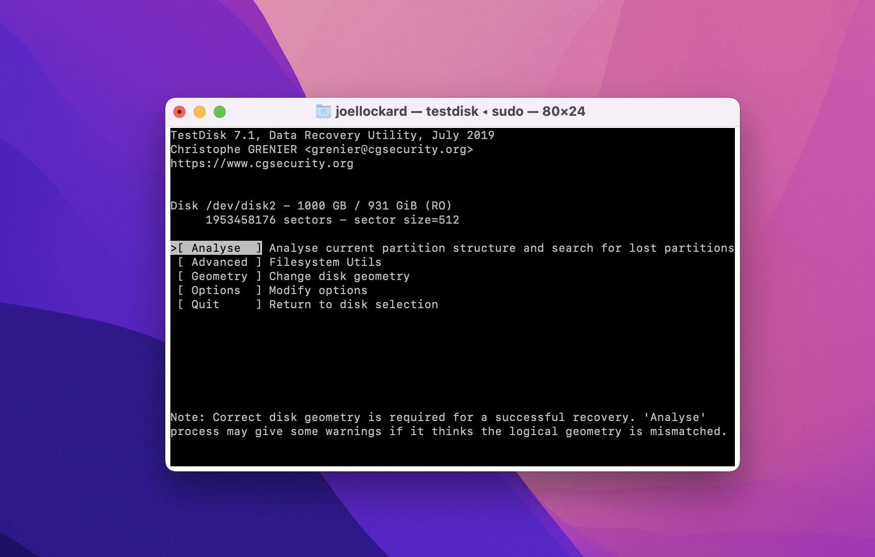 selecting analyse in testdisk