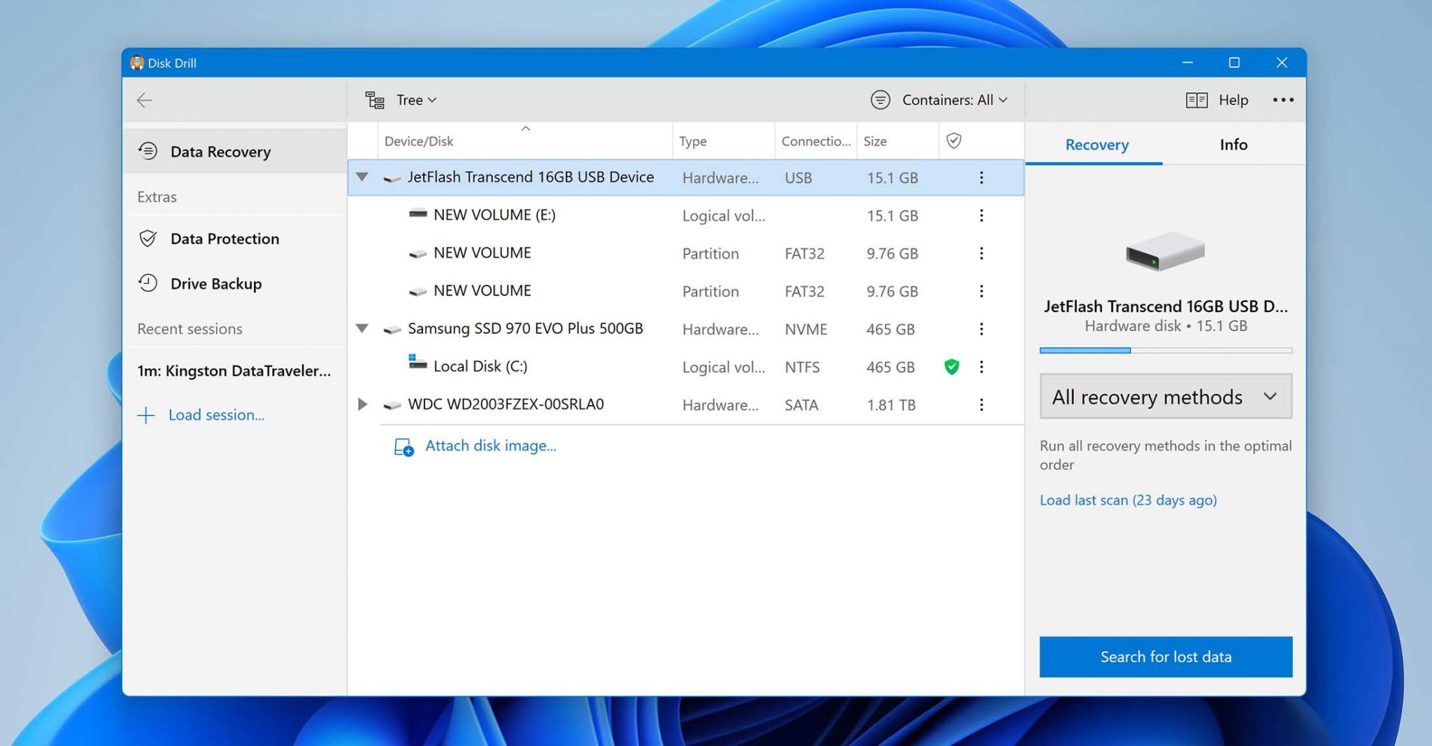 search for lost data in Disk Drill