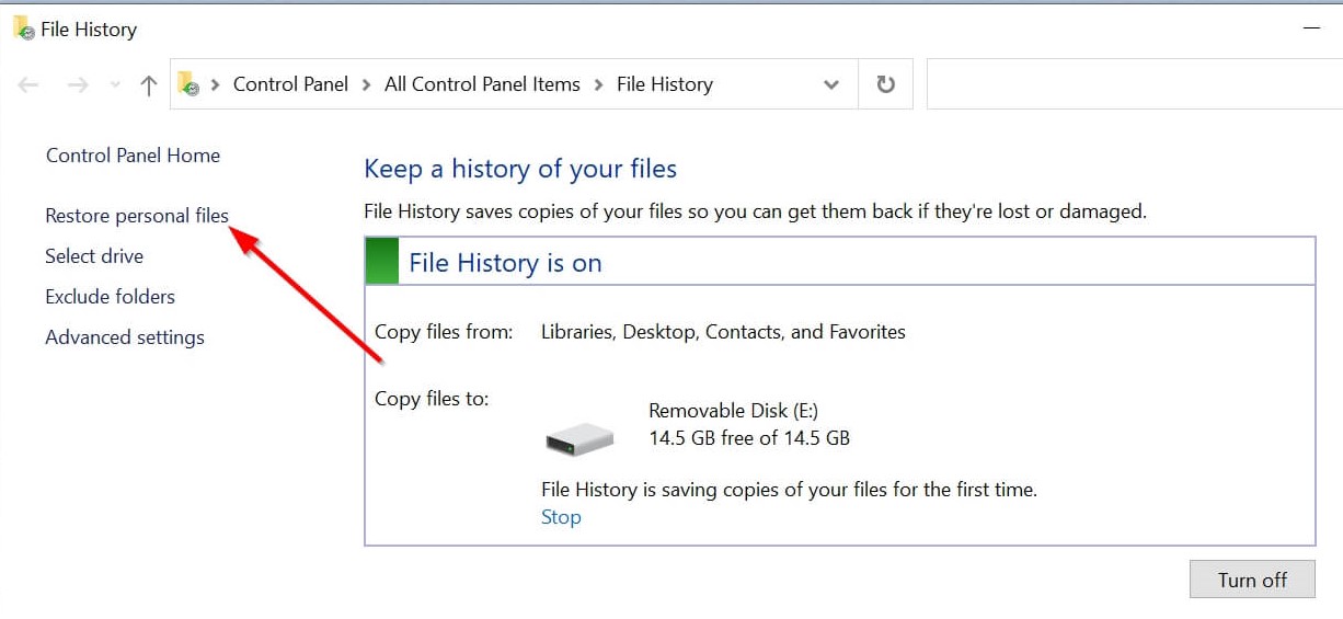 Restore Personal Files option in the File History Control Panel window.