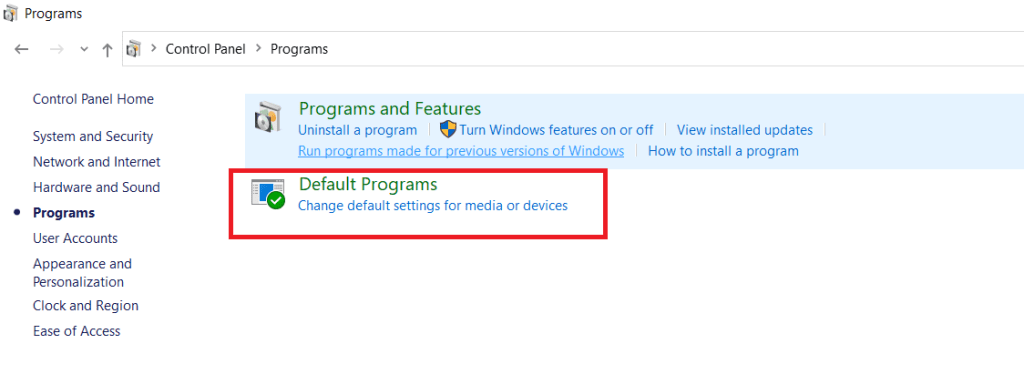 default programs option in control panel