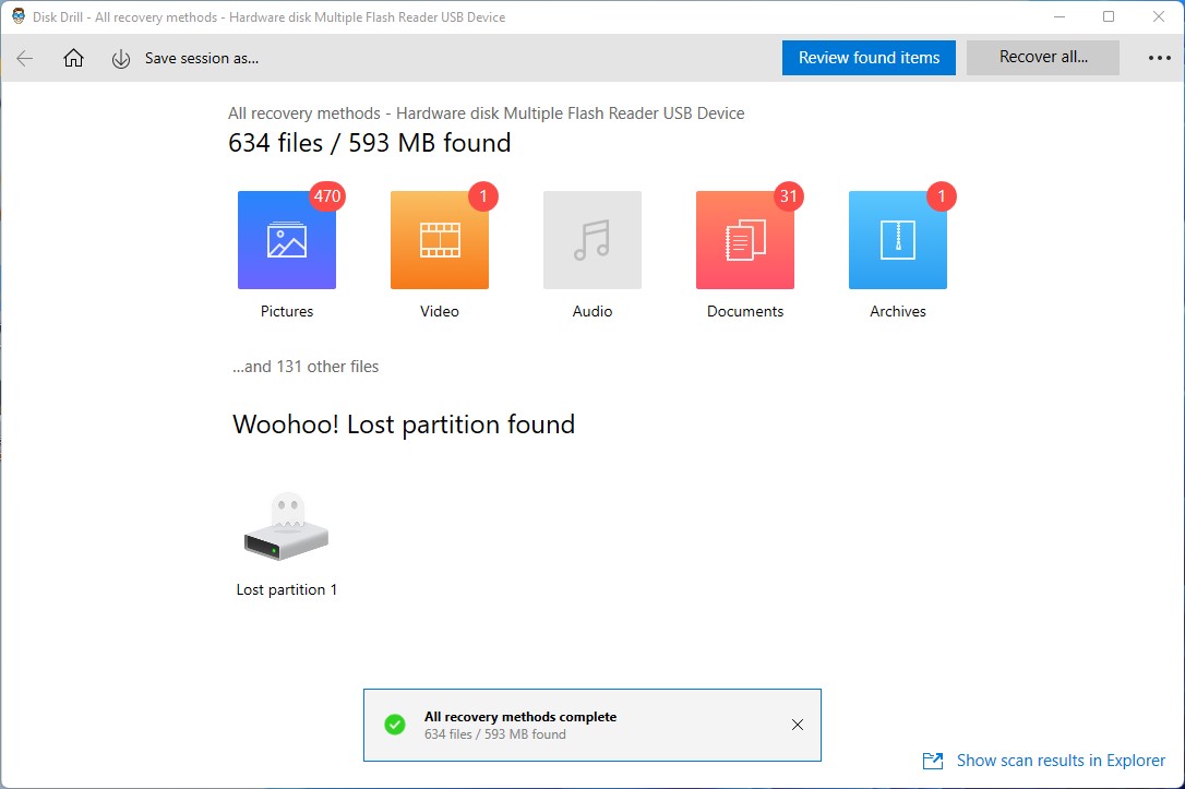 Disk Drill's scan for lost files completed