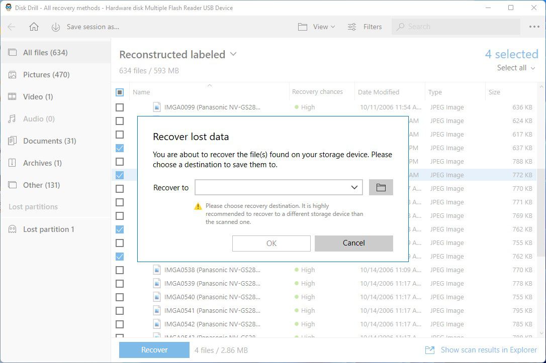 Disk Drill's prompt for a destination folder, where all recovered files will be stored