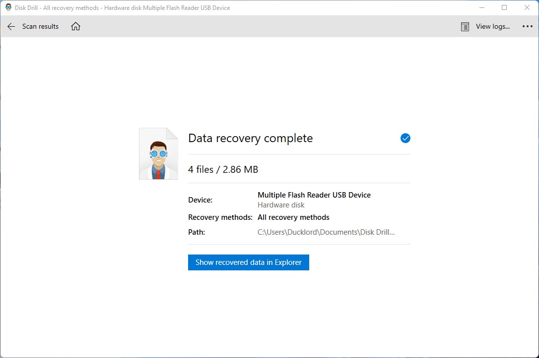 Disk Drill's recovery summary