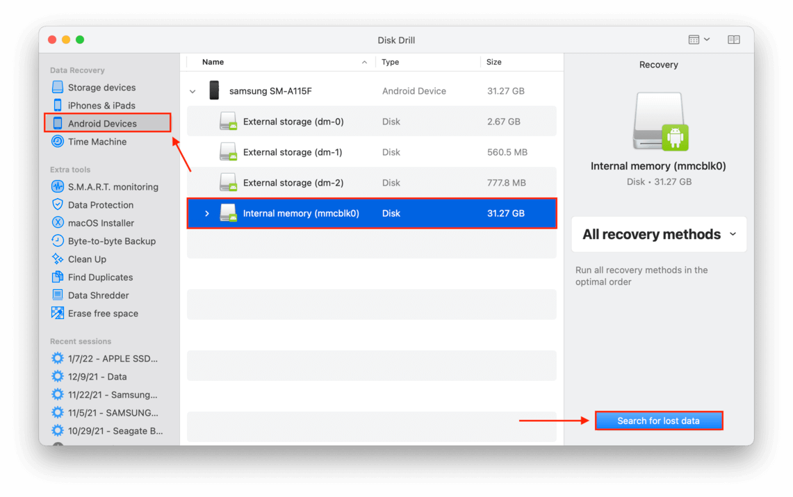 disk drill drive selection window with pointers towards the android devices section and search lost data button