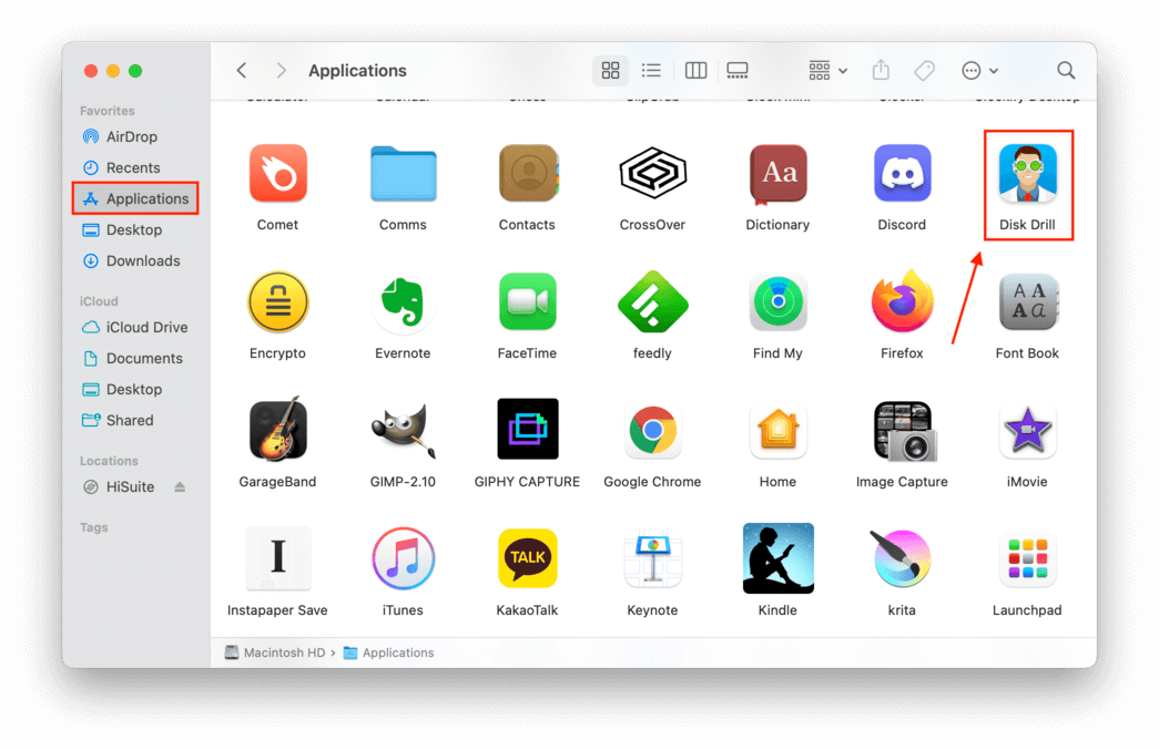 finder applications window with a pointer towards the disk drill app