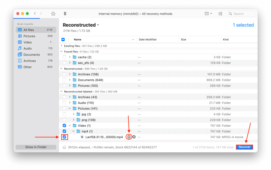 disk drill results window with pointers towards a checkbox, the preview eye button, and the recover button