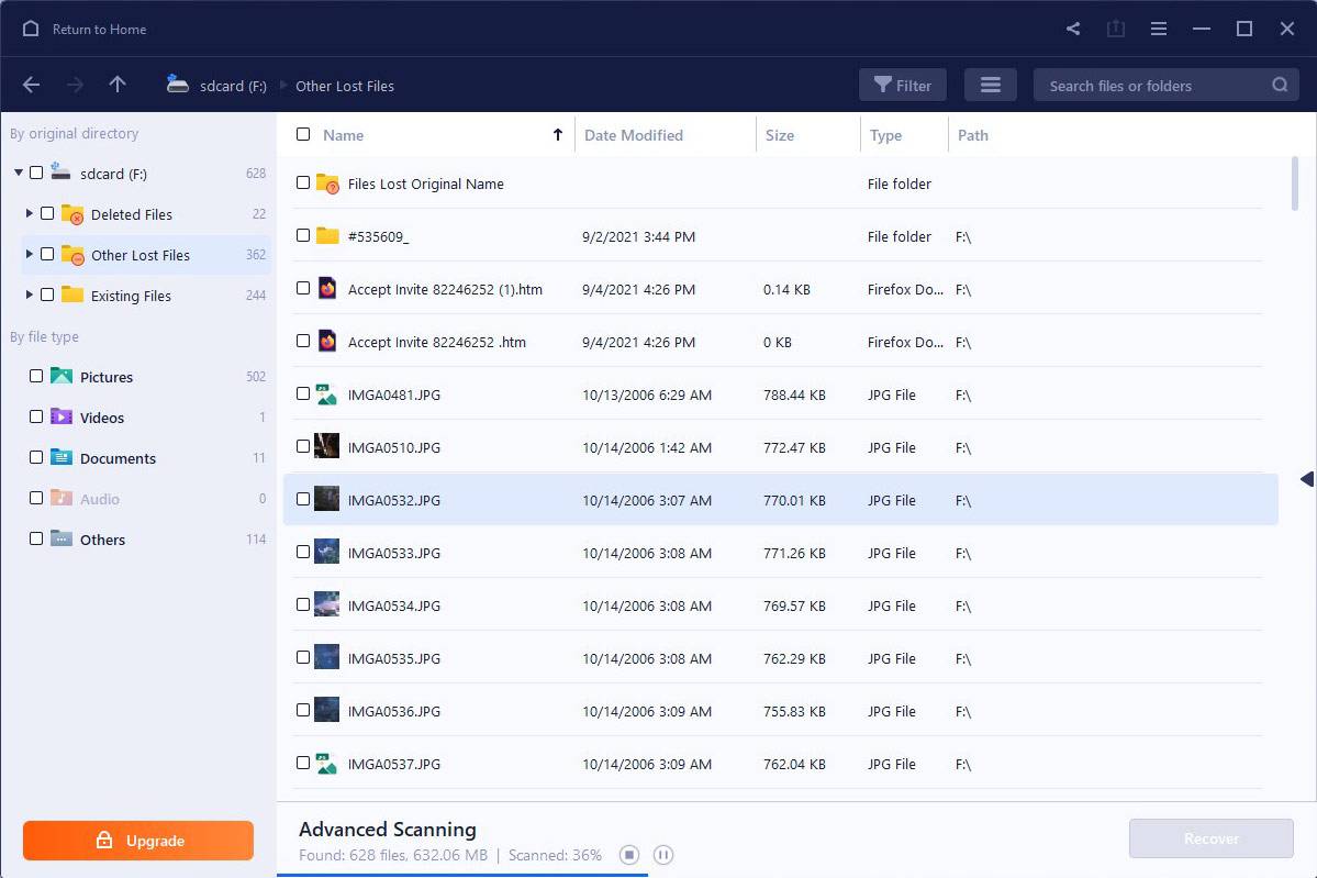 EaseUS Data Recovery Wizard's located files list