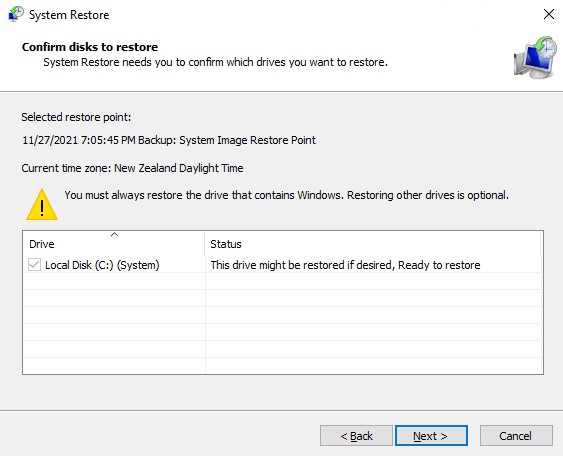 Confirming the system restore