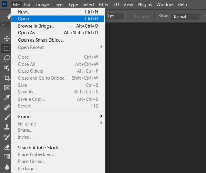 Adobe Photoshop 2022 open file menu.