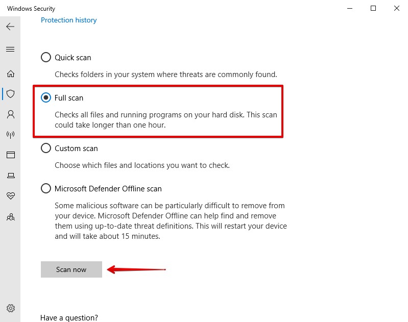 Running a full Windows Security scan