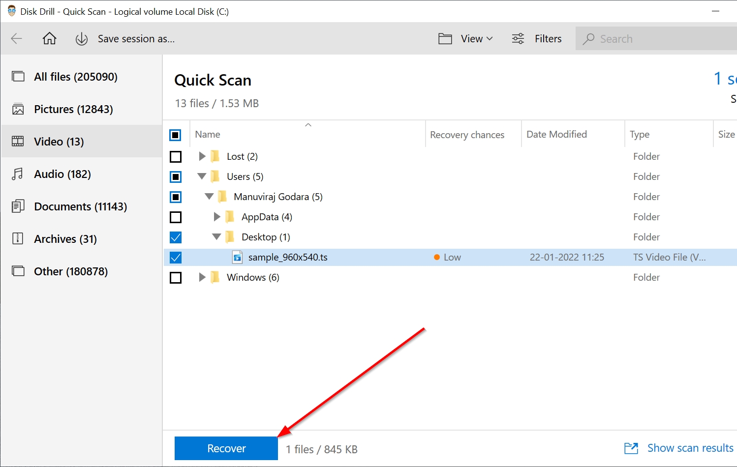 Recovering a TS file in Disk Drill.