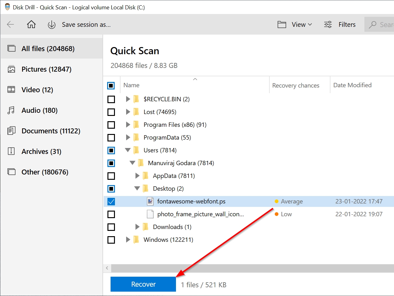 A PS file among the list of recoverable files in Disk Drill.