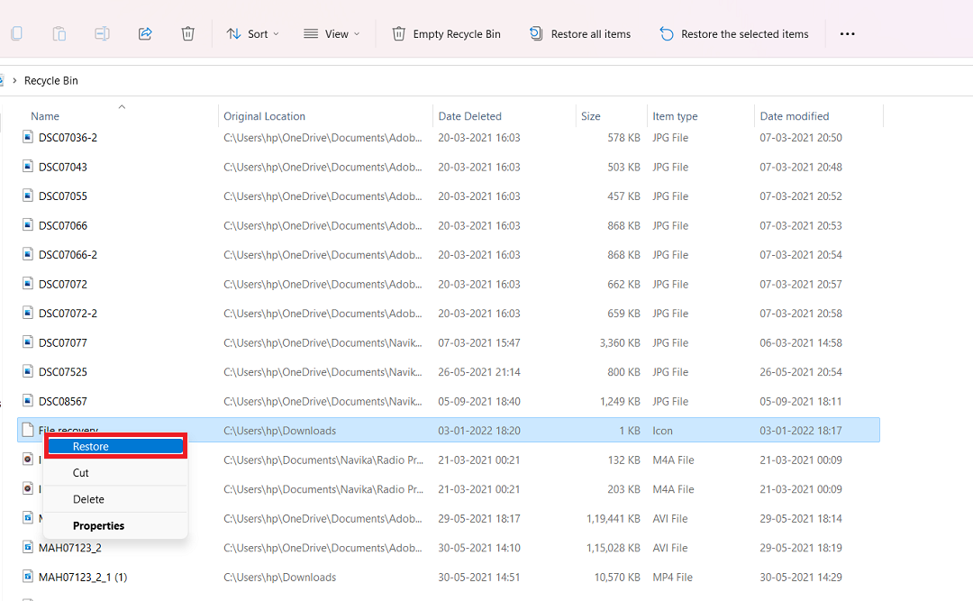 restoring files from the recycle bin