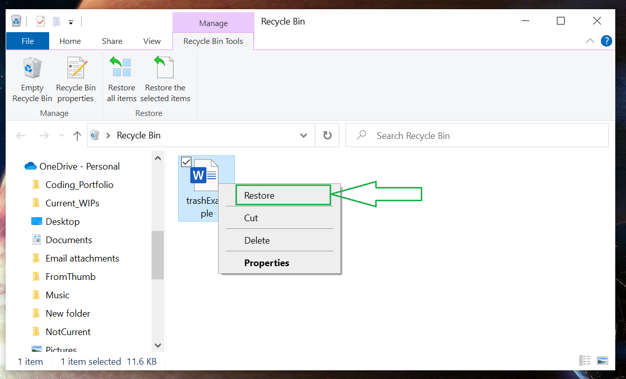Screenshot showing how to recover files from Windows recycle bin with right-click option.