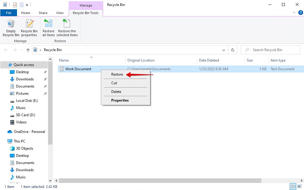 Restoring deleted items from the Recycle Bin.