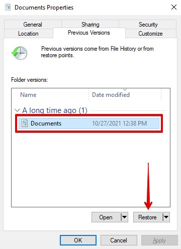 Restoring a previous version of the folder