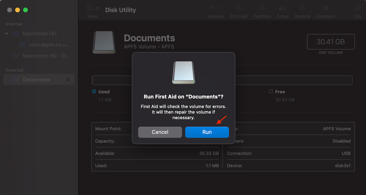 run First Aid on Mac to fix USB Drive