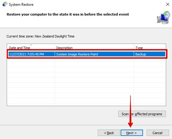 Selecting the restore point