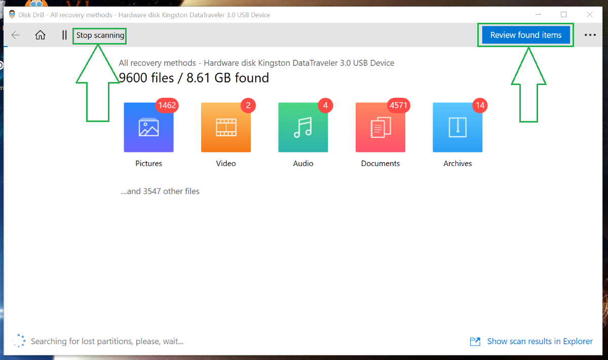 How to stop scanning or review scanned items in Disk Drill.