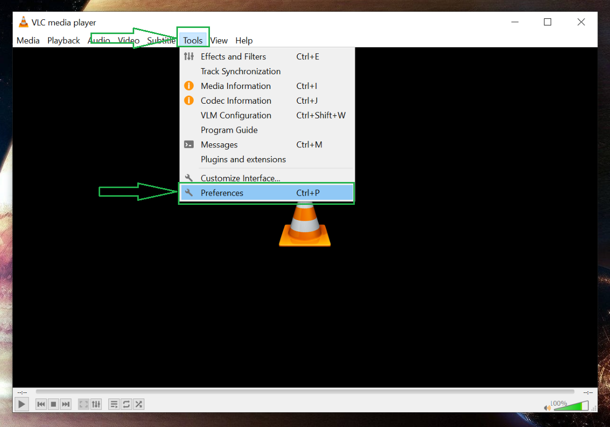 Tools and preferences in the VLC media player interface.