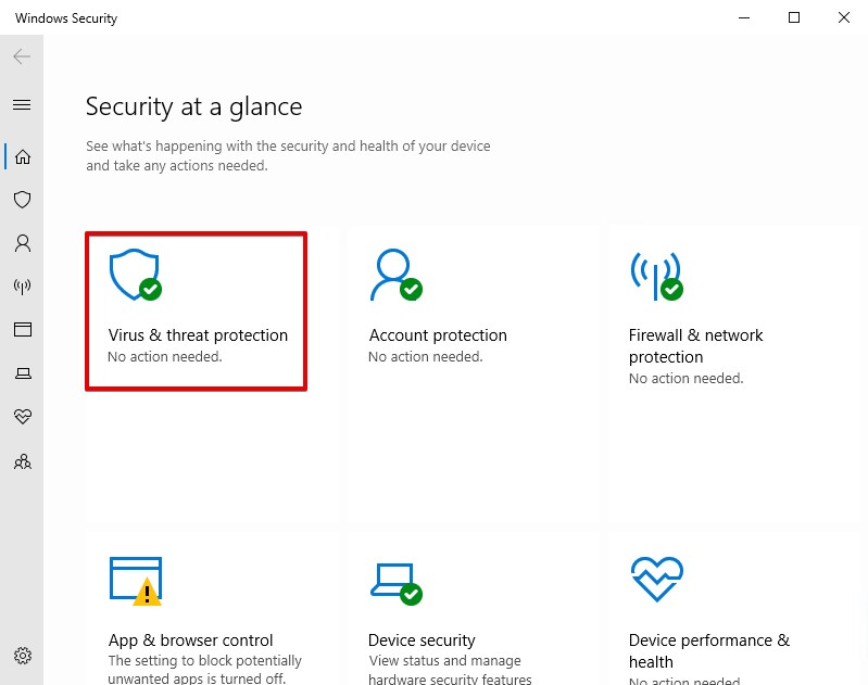 Accessing the Virus and Threat protection settings