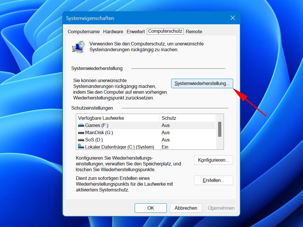 Klicken Sie auf System wiederherstellen