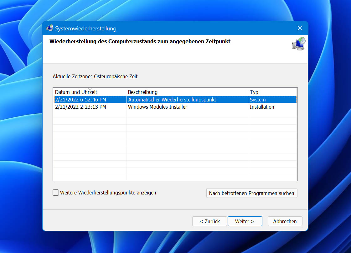 Wählen Sie den Wiederherstellungspunkt aus und klicken Sie auf Weiter