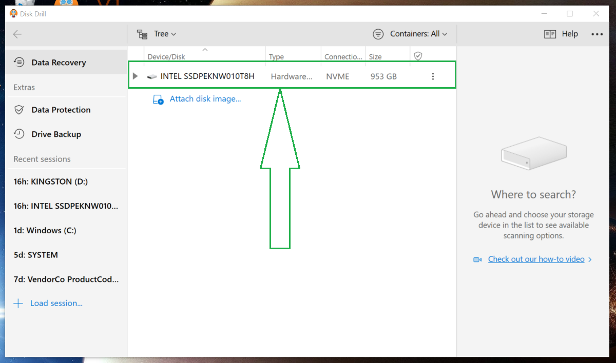 Selecting device from the main interface in Disk Drill.