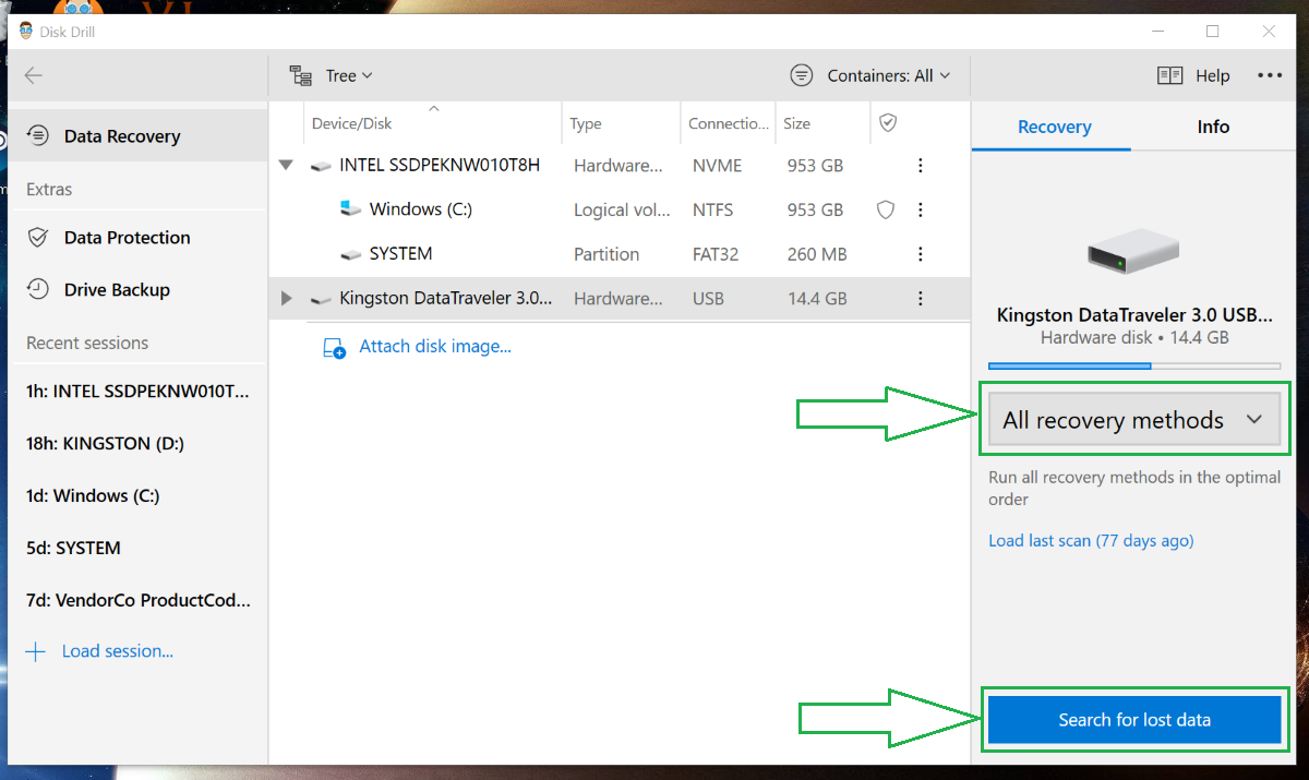 Initiating All Recovery Methods from Disk Drill main interface.