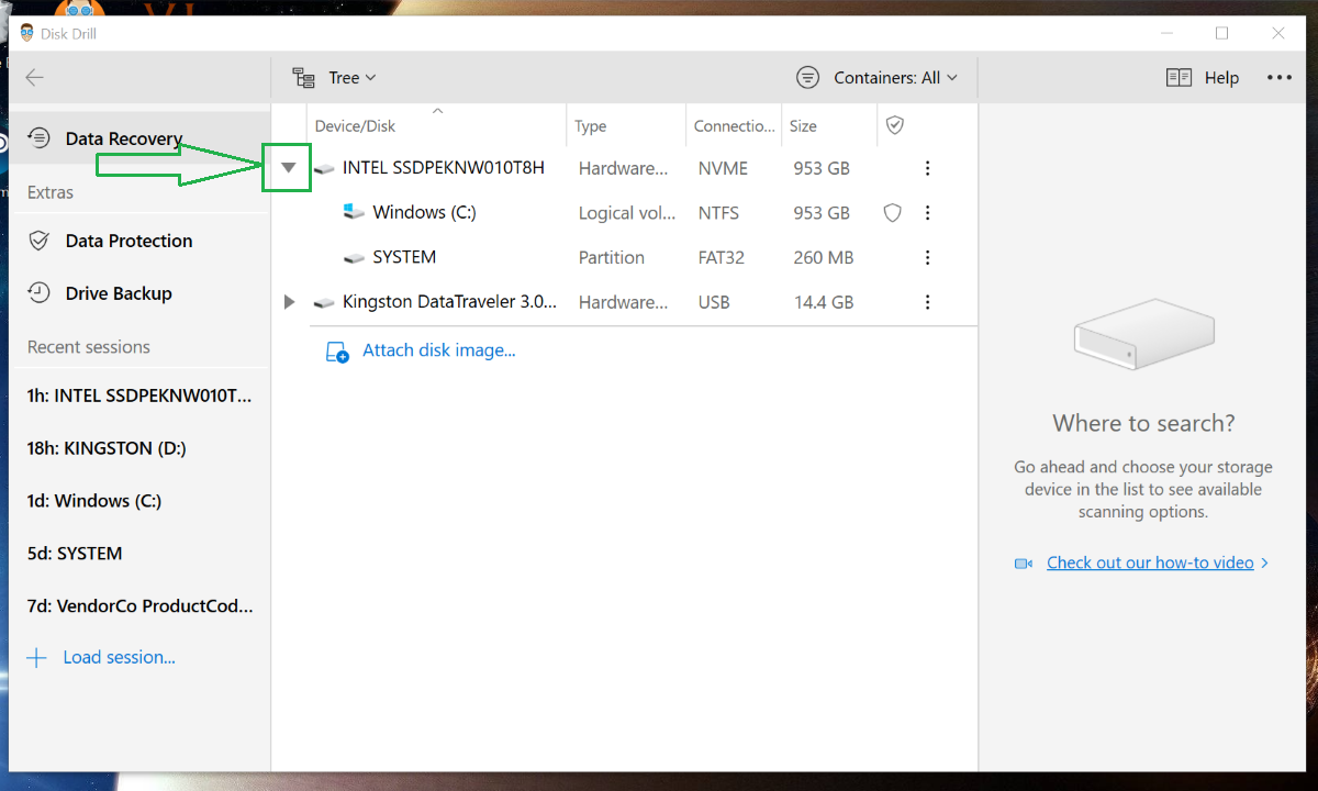 Gray dropdown arrow for Disk Drill interface device selection.