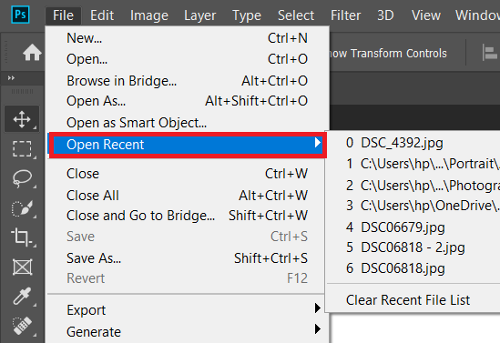 opening recent files on photoshop