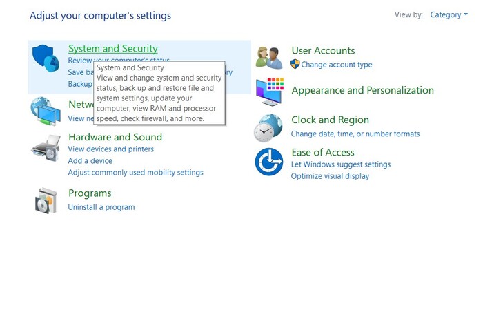 System and Security Windows option.