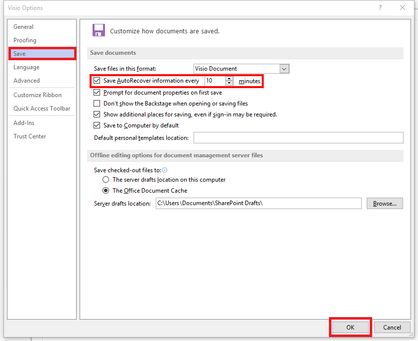 autorecover settings on visio