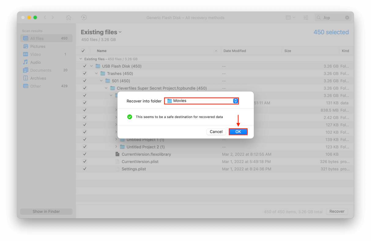 Disk Drill file destination dialogue box