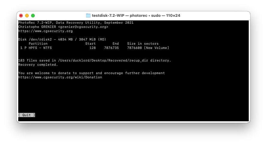 Mac Terminal PhotoRec Completed